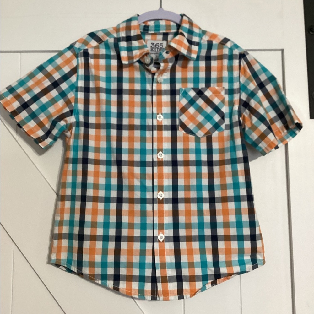 Boys Orange, Teal, White and Navy Blue Plaid Button Down Shirt Size 7